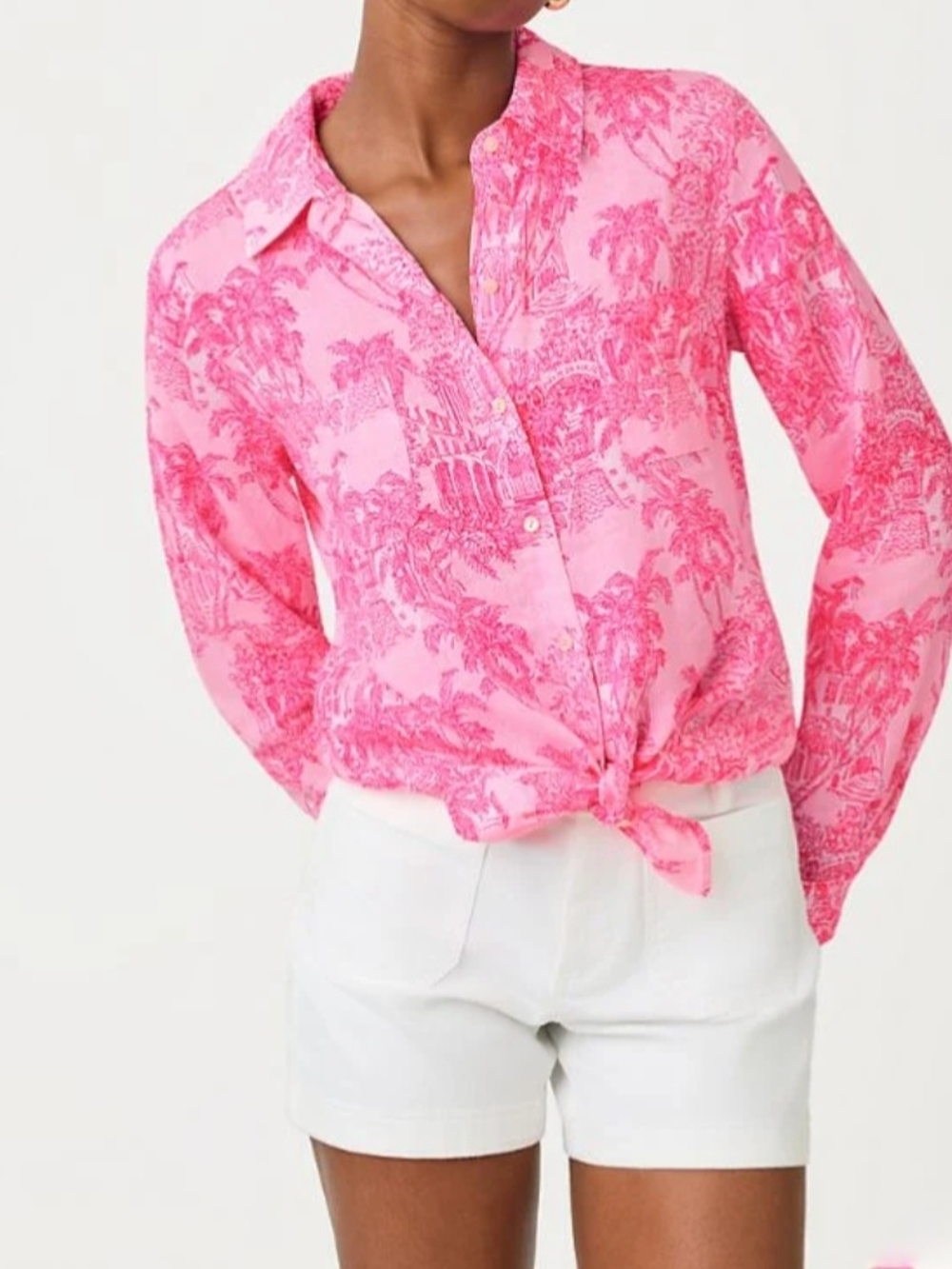 Lilly Pulitzer Sea View Button Down Print Palm Beach Destination 100% Linen